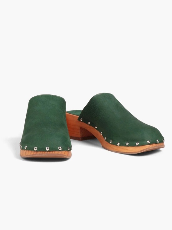 Miista Shoes - Miista Green Leather Studded Wooden Clogs